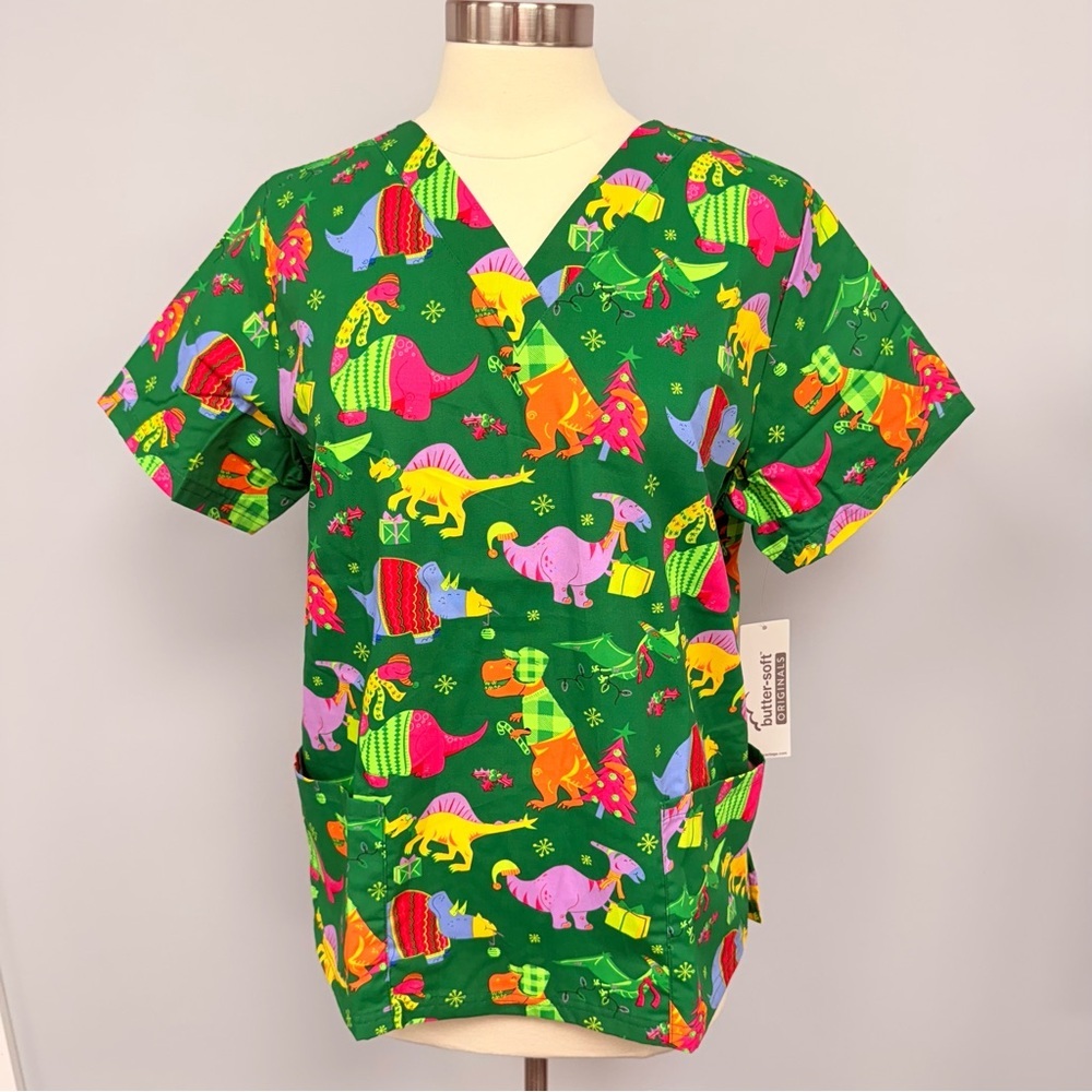 NWT Buttersoft Dinosaur Christmas Scrub Top Green Holiday Cotton Scrubs Dino